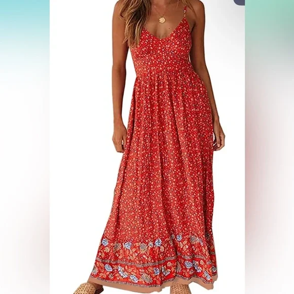 NWT Floral Red boho Maxi Dress M - Picture 2 of 13